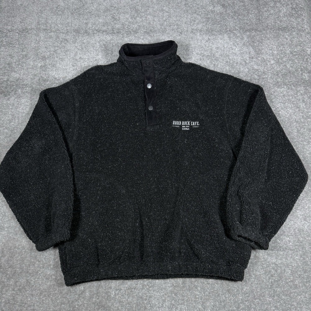 Hard Rock Cafe Fleece Pullover Men's Large‎ Black Gray Kona Pockets Henley